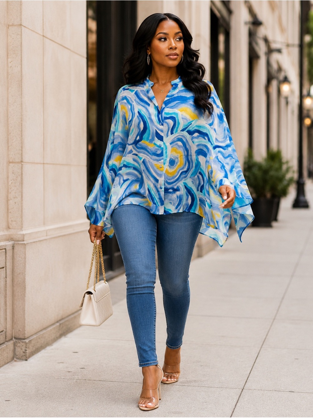 Blue & Yellow Watercolor Print Women's Blouse